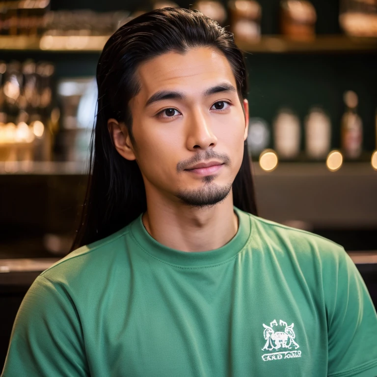 frontal photo Looking straight into the camera,8k quality,, Close-up photo of 25 year old Asian man, very handsome., His long, black hair flowed up., Wear a dark yellow t-shirt., Yakuza tattoos, Inside a luxurious coffee shop,  Taken with a high quality camera 45,000,000 pixels, realistic light colors, 