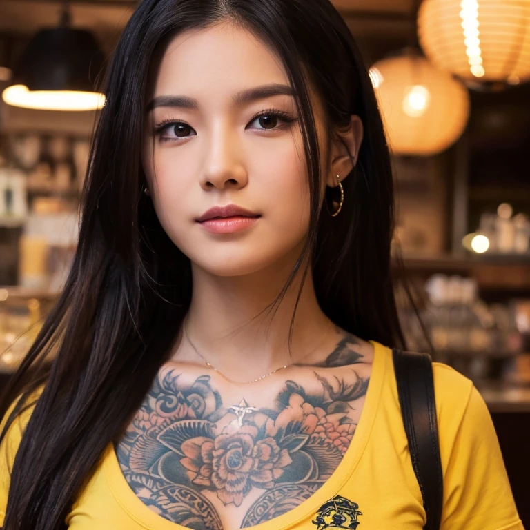 frontal photo Looking straight into the camera,8k quality,, Close-up photo of 25 year old Asian man, very handsome., His long, black hair flowed up., Wear a dark yellow t-shirt., Yakuza tattoos, Inside a luxurious coffee shop, Taken with a high quality camera 45,000,000 pixels, realistic light colors,