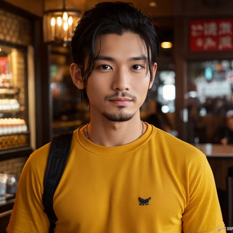 frontal photo Looking straight into the camera,8k quality,, Close-up photo of 25 year old Asian man, very handsome., His long, black hair flowed up., Wear a dark yellow t-shirt., Yakuza tattoos, Inside a luxurious coffee shop,  Taken with a high quality camera 45,000,000 pixels, realistic light colors, 