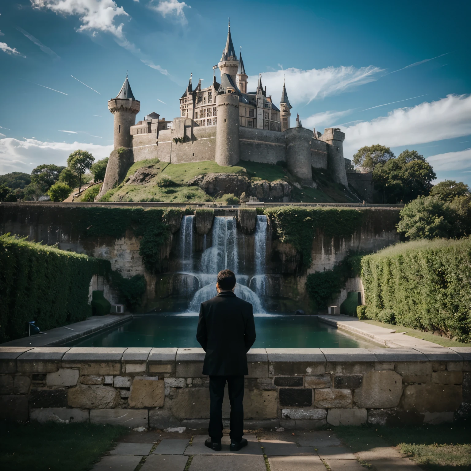 A lonely man staring at a castle