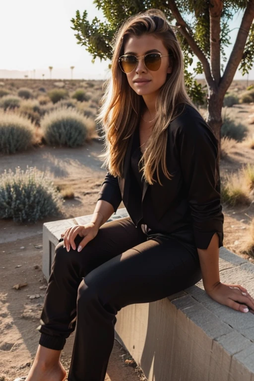 23 year old german blond sexy woman named Emma, while watching a soccer game, summer, early morning, sun rays, sitting on a camel in the desert, dressed like a sports reporter, well preserved illfitting sexy dark pants suit, dark sunglasses, sun through tree leaves, good mood time, tired but happy facial expression, morning mist over the towm, comfortable relaxed attitude