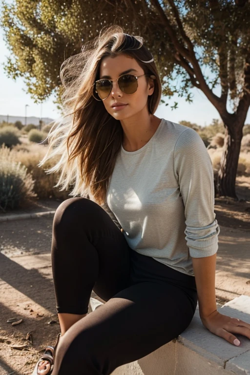 23 year old german blond sexy woman named Emma, while watching a soccer game, summer, early morning, sun rays, sitting on a camel in the desert, dressed like a sports reporter, well preserved illfitting sexy dark pants suit, dark sunglasses, sun through tree leaves, good mood time, tired but happy facial expression, morning mist over the towm, comfortable relaxed attitude