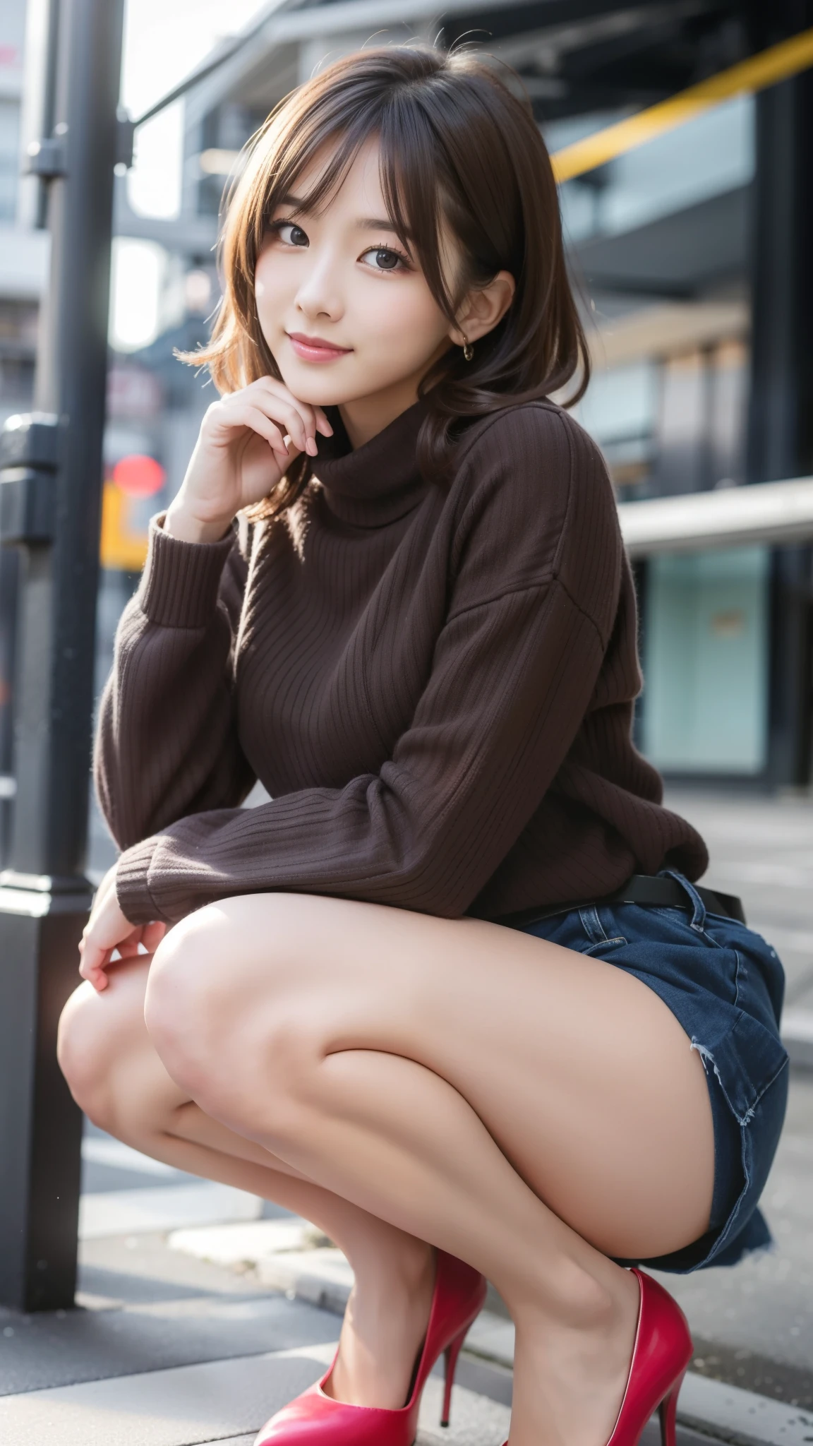 Photos taken by a professional photographer，Close-up of a woman squatting on the sidewalk, Young and cute Japanese model, Wearing a random color casual sweater,Short brown hair with side waves, Black high heels，nice smile、