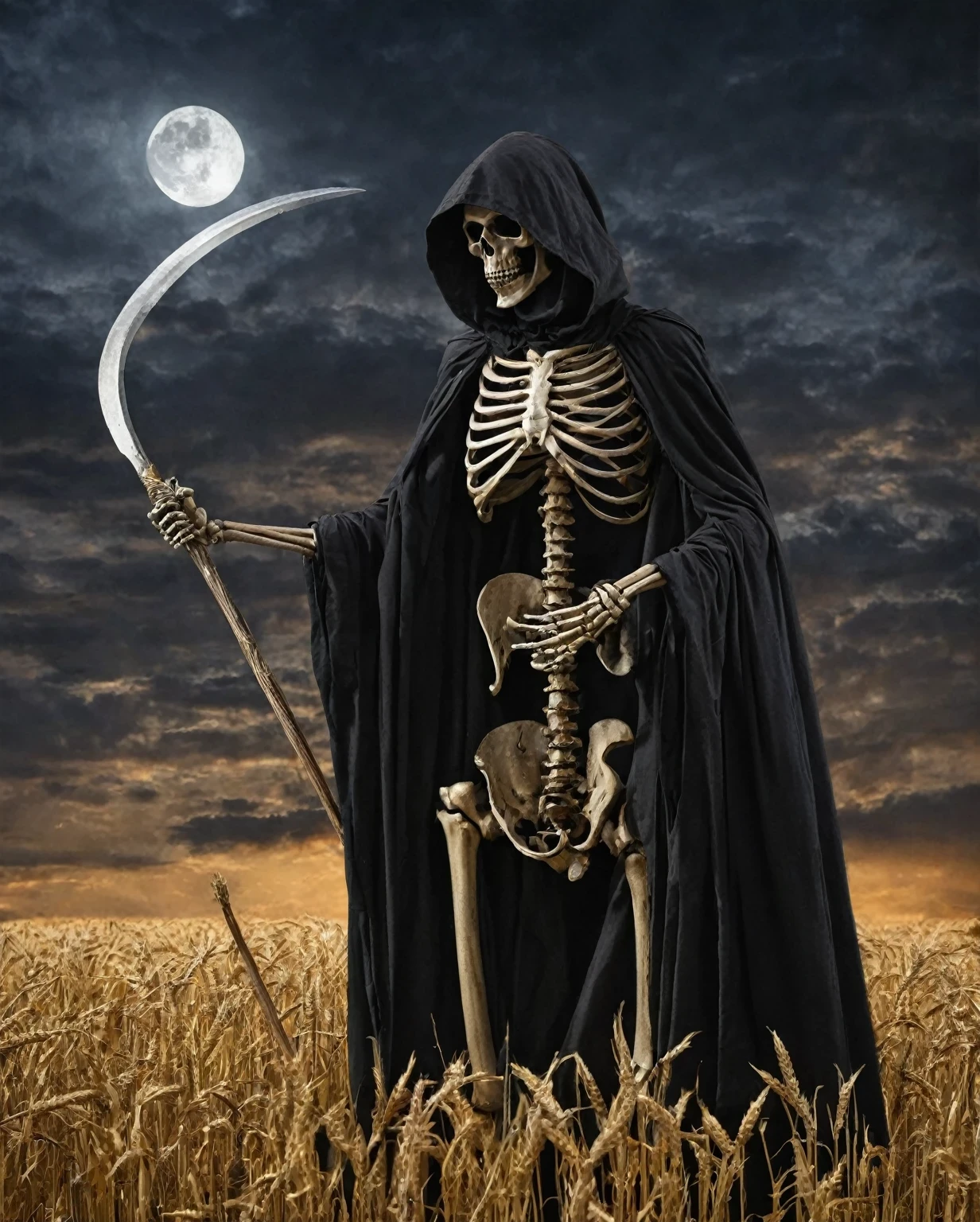  in style of Aaron McGruder，Grim reaper（or reaper for short）It is the English name of the god of death.，Image of a skeleton wearing a black cloak，Holding a sickle。This is a Western allusion.，In the Bible, Jesus compares believers to wheat，When the time comes, we will harvest.（Entering Heaven），So later in the West, harvest has become a synonym for death，The sickle became the weapon of the god of death.，background：night