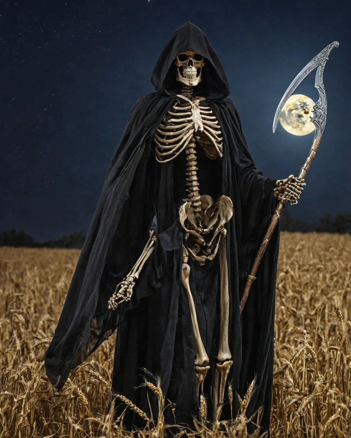  in style of Aaron McGruder，Grim reaper（or reaper for short）It is the English name of the god of death.，Image of a skeleton wearing a black cloak，Holding a sickle。This is a Western allusion.，In the Bible, Jesus compares believers to wheat，When the time comes, we will harvest.（Entering Heaven），So later in the West, harvest has become a synonym for death，The sickle became the weapon of the god of death.，background：night