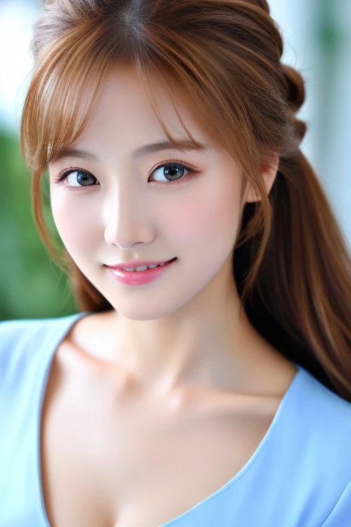 ((highest quality)), ((masterpiece)), (detailed), Head to waist angle、Perfect Face、Perfect body、Light brown hair、Beautiful Skin、A beautiful Russian and Korean woman、Japanese female college student、(masterpiece:1.3), (8k, Photorealistic, Raw photo, Best image quality: 1.4), (Random Hairstyles:1.2)、Cleavage:1.2、Super detailed face、Attention to detail、double eyelid、Sharp focus:1.2、Beautiful woman:1.4、highest quality、masterpiece、 high resolution、(Photorealistic:1.4)、非常にdetailedでプロフェッショナルな照明の笑顔、thin、Serious expression、A perfect smile、Top view、Active pose