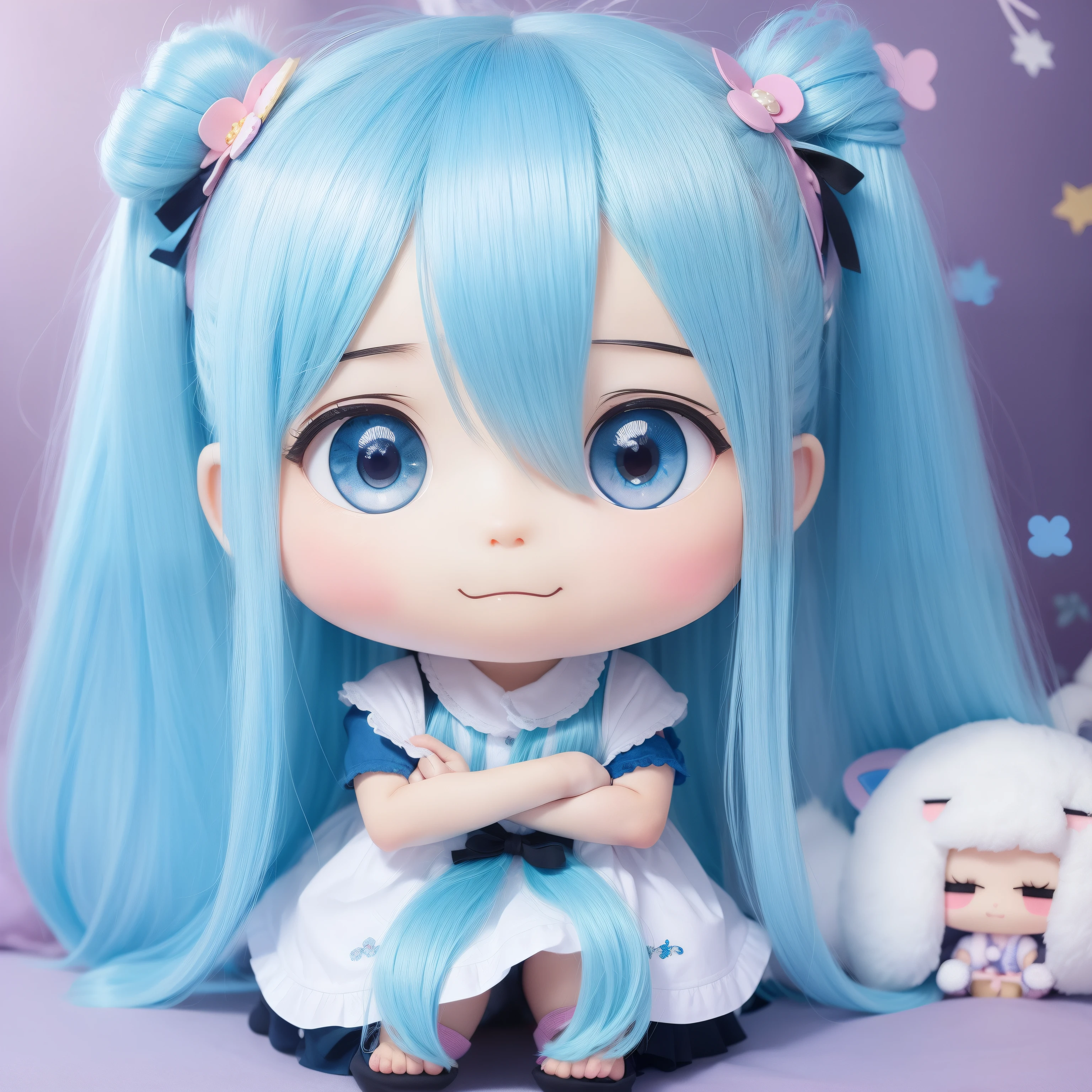 Chibichara pelo largo con pelo azul((Chibi Chara))、esponjoso、chica con、Chibi Chara、Full body esbian、Cabello colores pastel、mesa、de primera calidad、