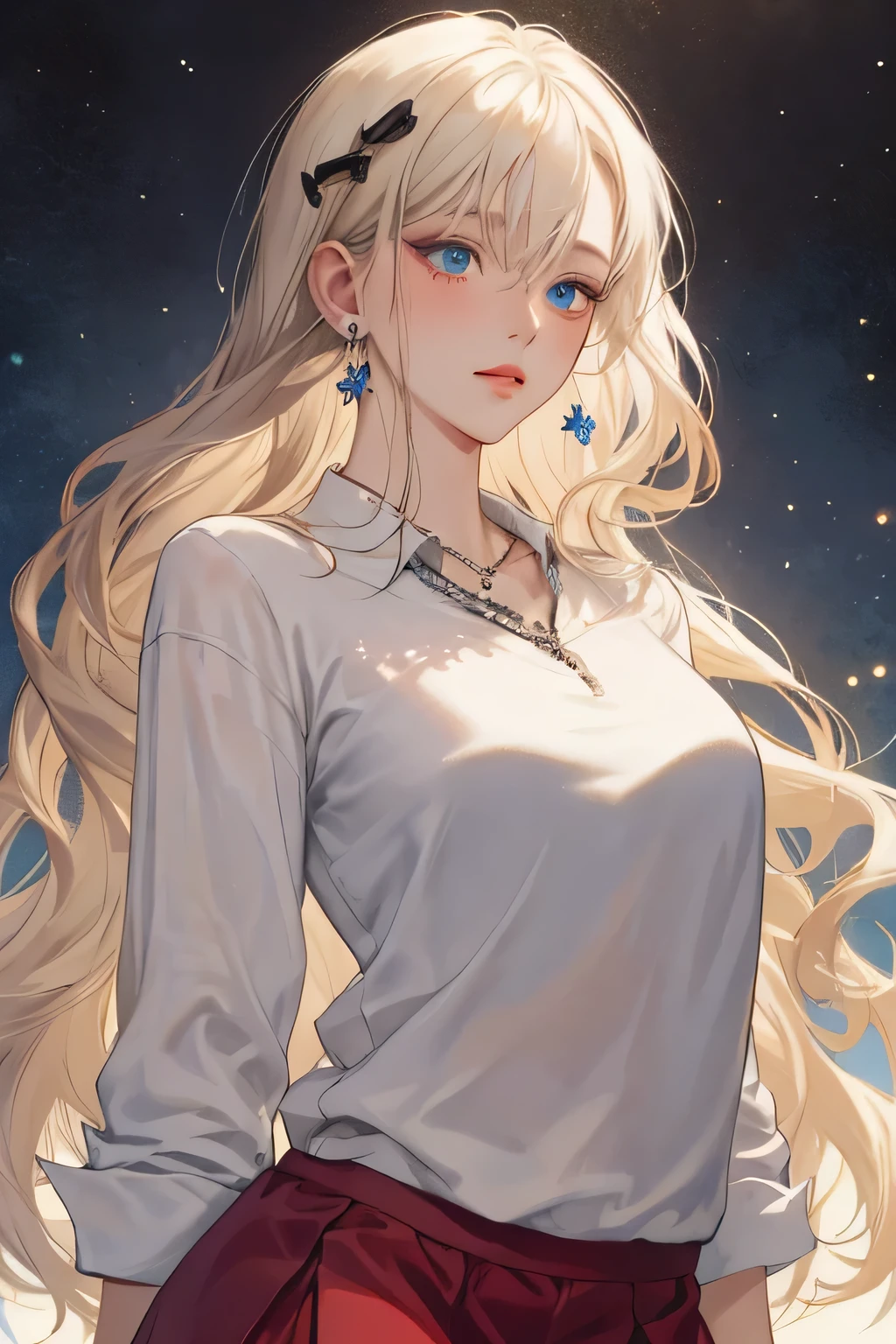 (extreamly delicate and beautiful:1.2), 8K,(masterpiece:1.0),(best_quality:1.0), 1 girl,model and intricate detailing, Enlarged textures, and intricate detailing, finely eye and detailed face, and intricate detailing, shiraga, platinum blonde curls long hair, (closed mouths), Perfect eyes, Equal eyes, carolina eyes (A famale god) with white polo shirt and red maroon short skirt, carolina eyes perfect, perfect, earing, hairpin, perfect body, sexy body, carolina blue perfect eyes, lips nude, necklace, little blush on nude