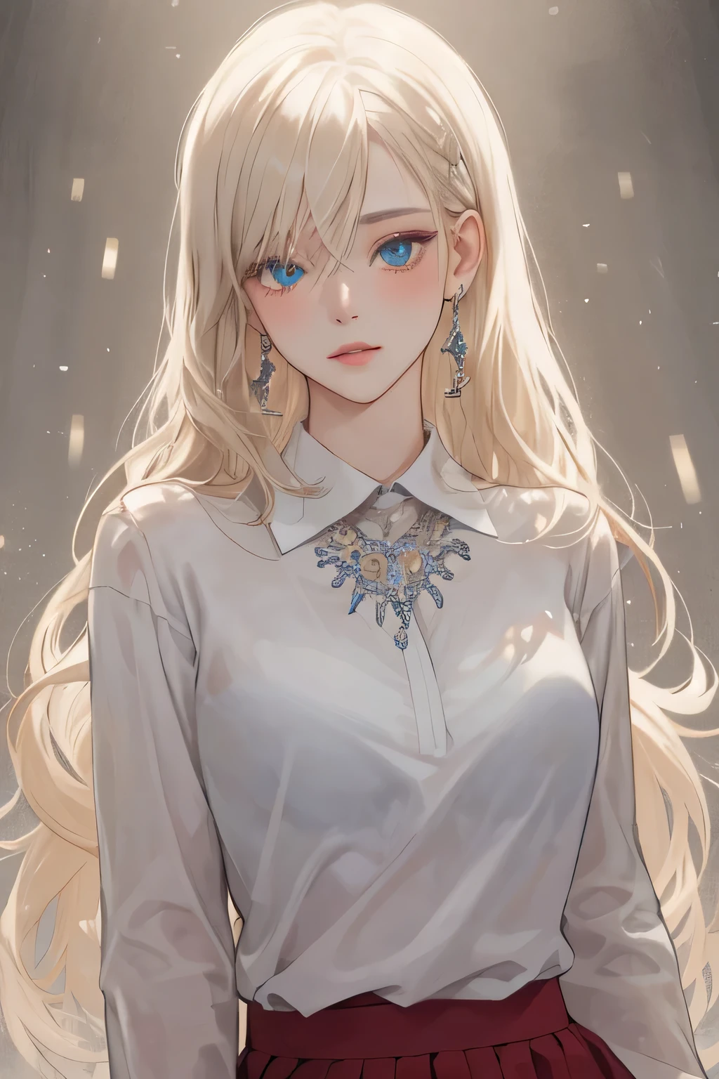 (extreamly delicate and beautiful:1.2), 8K,(masterpiece:1.0),(best_quality:1.0), 1 girl,model and intricate detailing, Enlarged textures, and intricate detailing, finely eye and detailed face, and intricate detailing, shiraga, platinum blonde curls long hair, (closed mouths), Perfect eyes, Equal eyes, carolina eyes (A famale god) with white polo shirt and red maroon short skirt, carolina eyes perfect, perfect, earing, hairpin, perfect body, sexy body, carolina blue perfect eyes, lips nude, necklace, little blush on nude