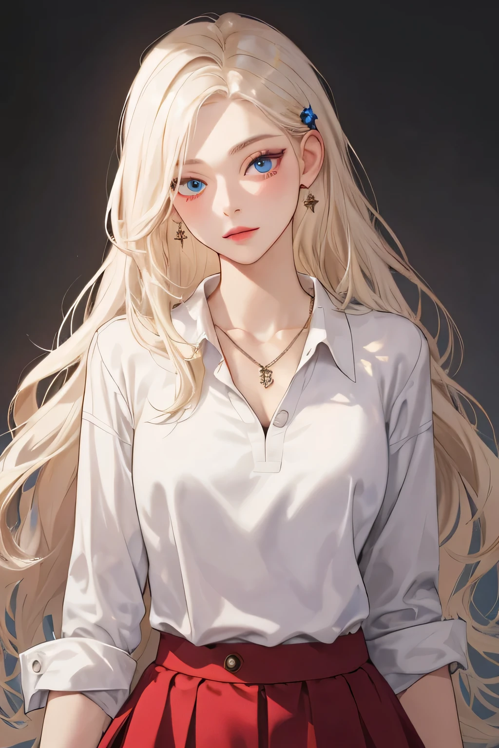 (extreamly delicate and beautiful:1.2), 8K,(masterpiece:1.0),(best_quality:1.0), 1 girl,model and intricate detailing, Enlarged textures, and intricate detailing, finely eye and detailed face, and intricate detailing, shiraga, platinum blonde curls long hair, (closed mouths), Perfect eyes, Equal eyes, carolina eyes (A famale god) with white polo shirt and red maroon short skirt, carolina eyes perfect, perfect, earing, hairpin, perfect body, sexy body, carolina blue perfect eyes, lips nude, necklace, little blush on nude