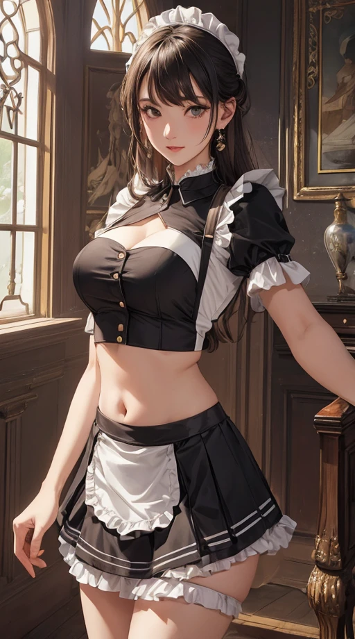 Woman in crop top maid uniform, showing navel, skirt, Mansion, beautiful belly, belly