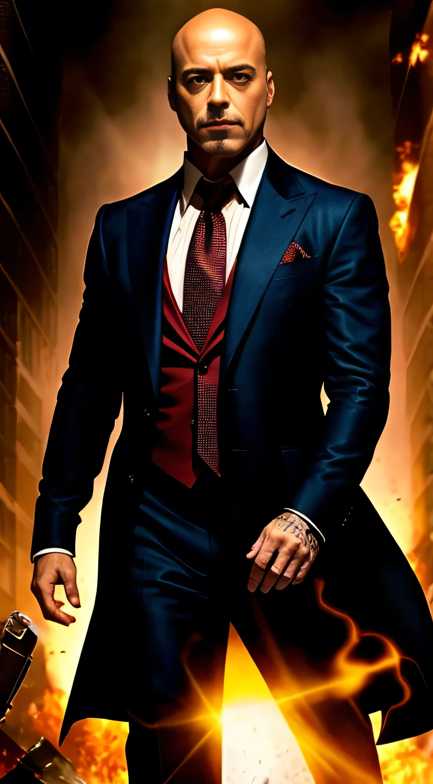 (extremely detailed 8K wallpaper), a medium photo of Robert Downey Jr as Lex Luthor, sem cabelo, detalhe intrincado, alto detalhe, dramatic, evil smile, APOCALYPTIC BACKGROUND, main room space, 8K, Fotorrealista, tiro de corpo inteiro