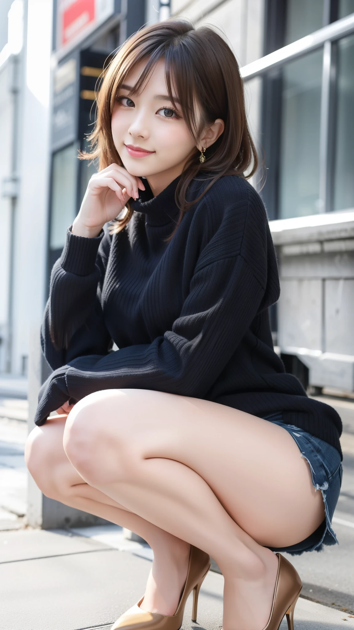 Photos taken by a professional photographer,Close-up of a woman squatting on the sidewalk, Young and cute Japanese model, Wearing a random color casual sweater,Short brown hair with side waves, Black high heels,nice smile、Wearing a black miniskirt、Thighs clean、