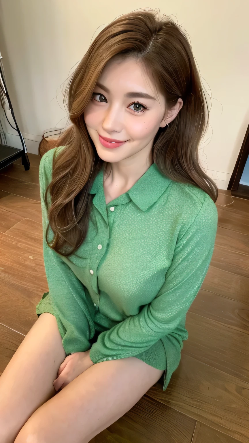 ((highest quality, 8k, masterpiece: 1.3)), 1 female, Japanese Mature,Sensual beauty: 1.3, (Hair style Brown hair Wavy hair, big: 1.2), Light green nightwear: 1.1, Super slender face, Delicate eyes, Saggy eyes,double eyelid, A friendly smile,Dimples,Mole, Home,Plump body,very thick legs,Cowboy shot from above,