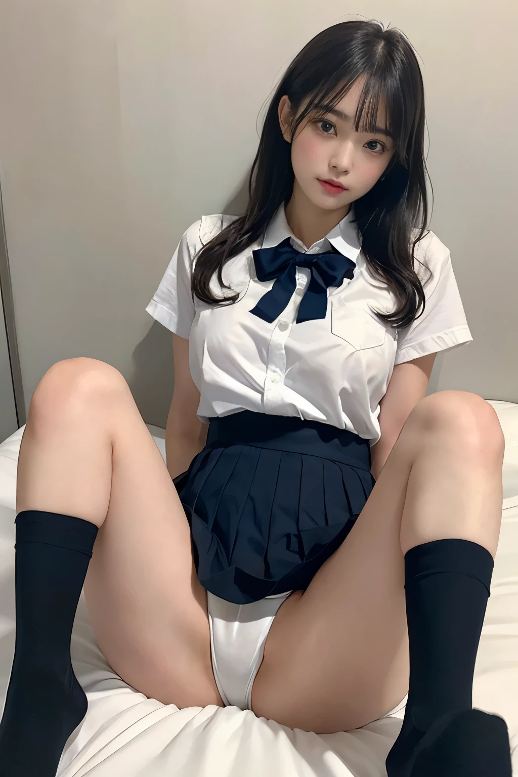 top-quality、hight resolution、ultra-detailliert、masterpiece、Raw photography、realisitic、Photorealsitic、extremely delicate and beautiful、finely detail、1womanl、(Super beautiful)、(beauitful face:1.5)、Clear pubic contours、plump big breasts、Large breasts、Sit up、Spread your legs、(White panties that bite into:1.4)、Show off、(high-school uniform)、(Dark blue pleated skirt)、(Wear black socks)、She is sitting on a hotel bed with her legs open、moody expression、red blush