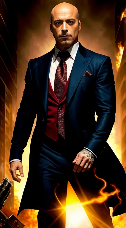 (extremely detailed 8K wallpaper), a medium photo of Robert Downey Jr as Lex Luthor, sem cabelo, detalhe intrincado, alto detalhe, dramatic, evil smile, APOCALYPTIC BACKGROUND, main room space, 8K, Fotorrealista, tiro de corpo inteiro