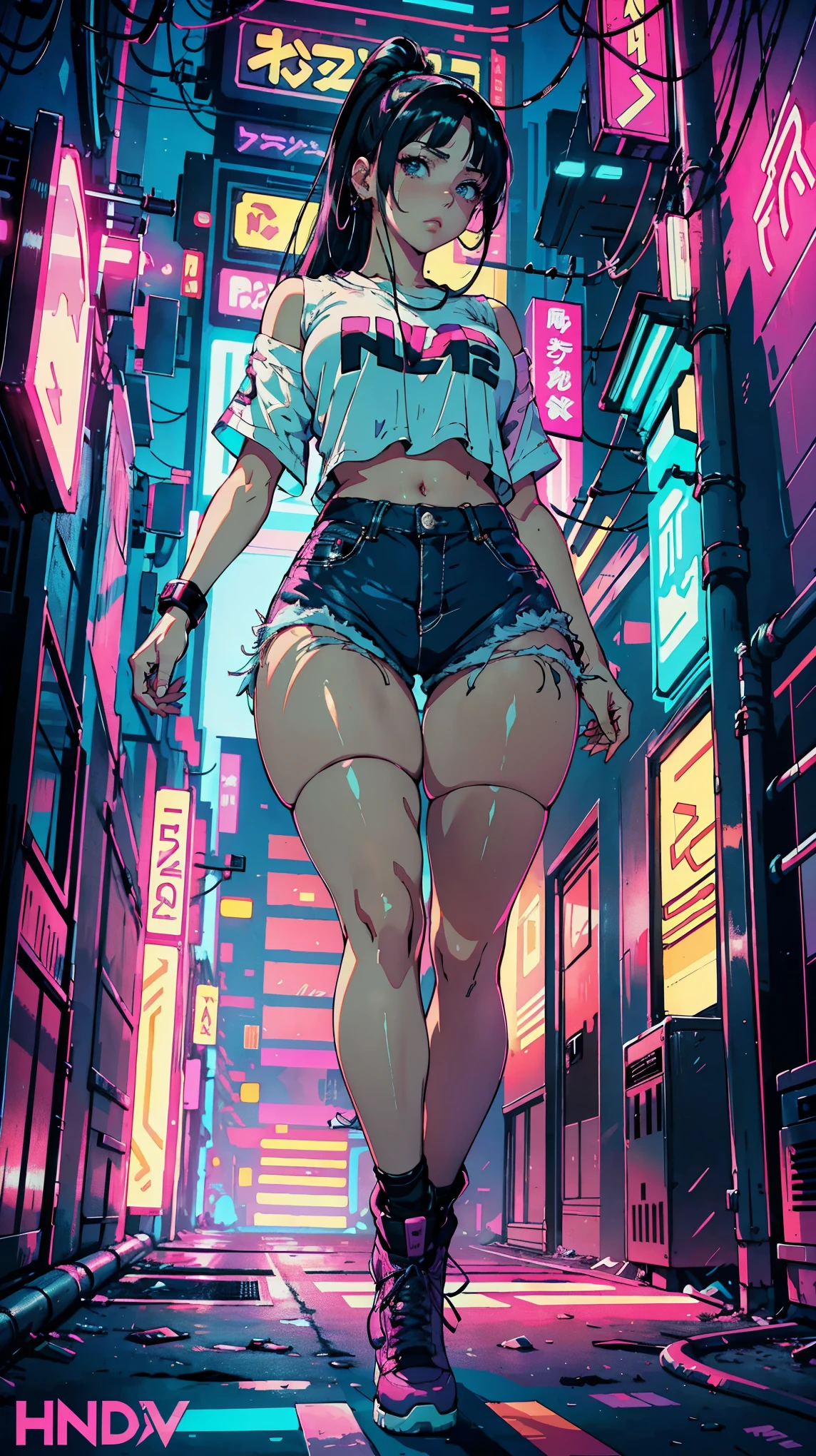 (Hinata Hyuga, Very sensual, In tight clothes, Big Ass, Thick legs, Jean Shorts, Wearing a mini blouse, Navel comes out, Long Hair, Rear speakers, Very realistic, View of the Cyberpunk City, Clearly defined lines, Neon Lights Very Sexy, 8k, 8k Very detailed), (Very delicate and beautiful), (masterpiece), (Better Quality: 1.0), (Ultra-high resolution:1.0), ((Synthwave Background Theme))