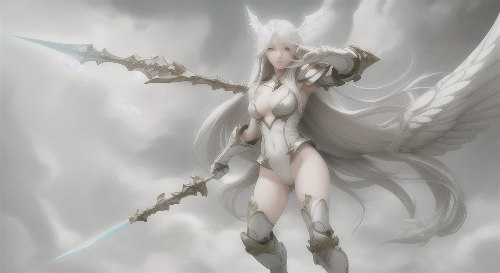 White long-haired girl with flat chest and cleavage, one-piece swimsuit, armor, iron boots, Light Wing, Spear flying in the white clouds