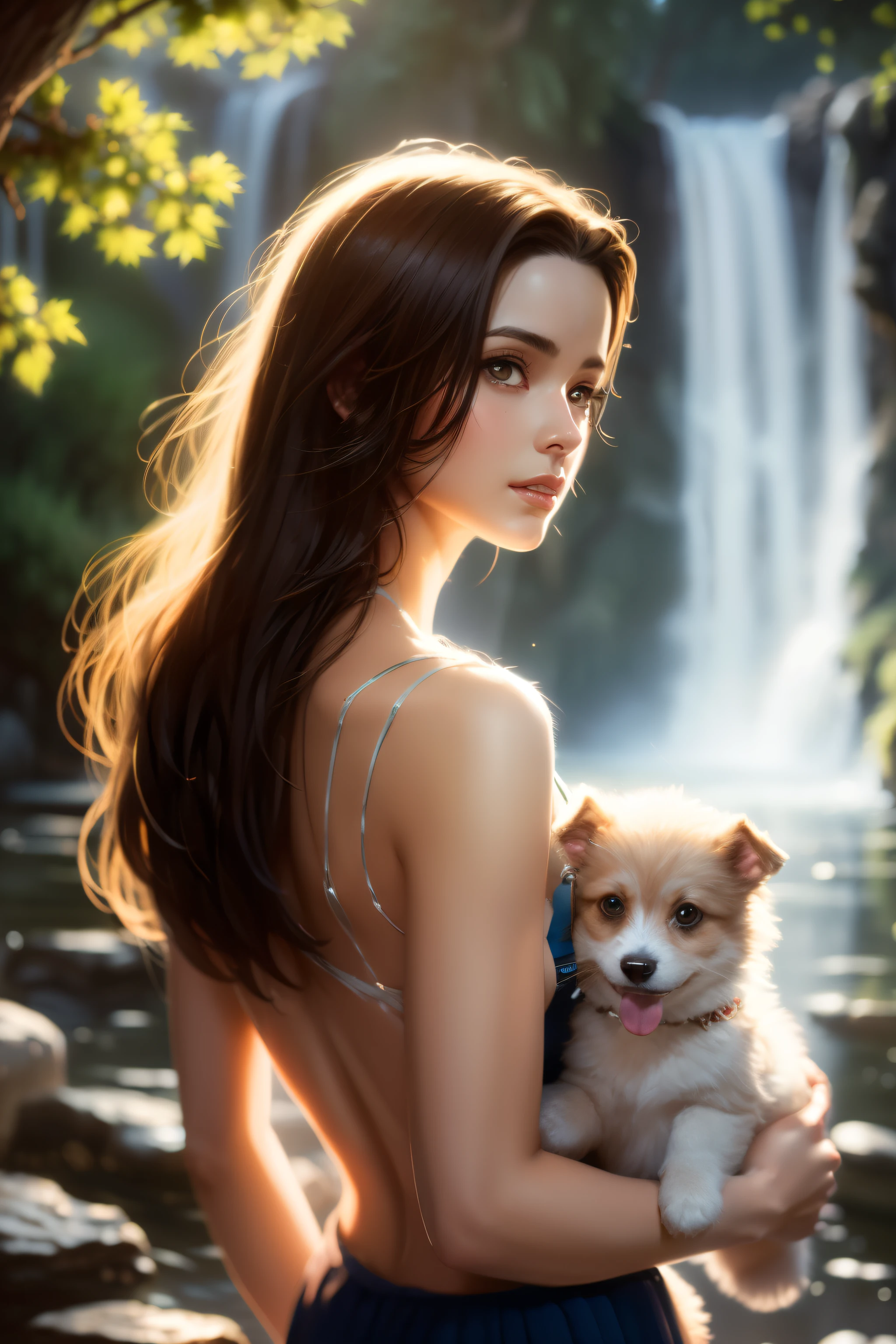 There is a woman holding a dog in front of a waterfall., Detailed painting by Magali Villeneuve, Masterpiece, Highest resolution,High-quality content, 8K quality photos with excellent detail, Perfect for the dynamic bust of a noble girl, CG society hot topic, Fantasy art, very beautiful Fantasy art, beautiful Fantasy art portrait, Beautiful fantasy paintings, Realistic fantasy painting, Magali Villeneuve and Monet, breathtaking Fantasy art, ray tracing, backlighting, lens flare,