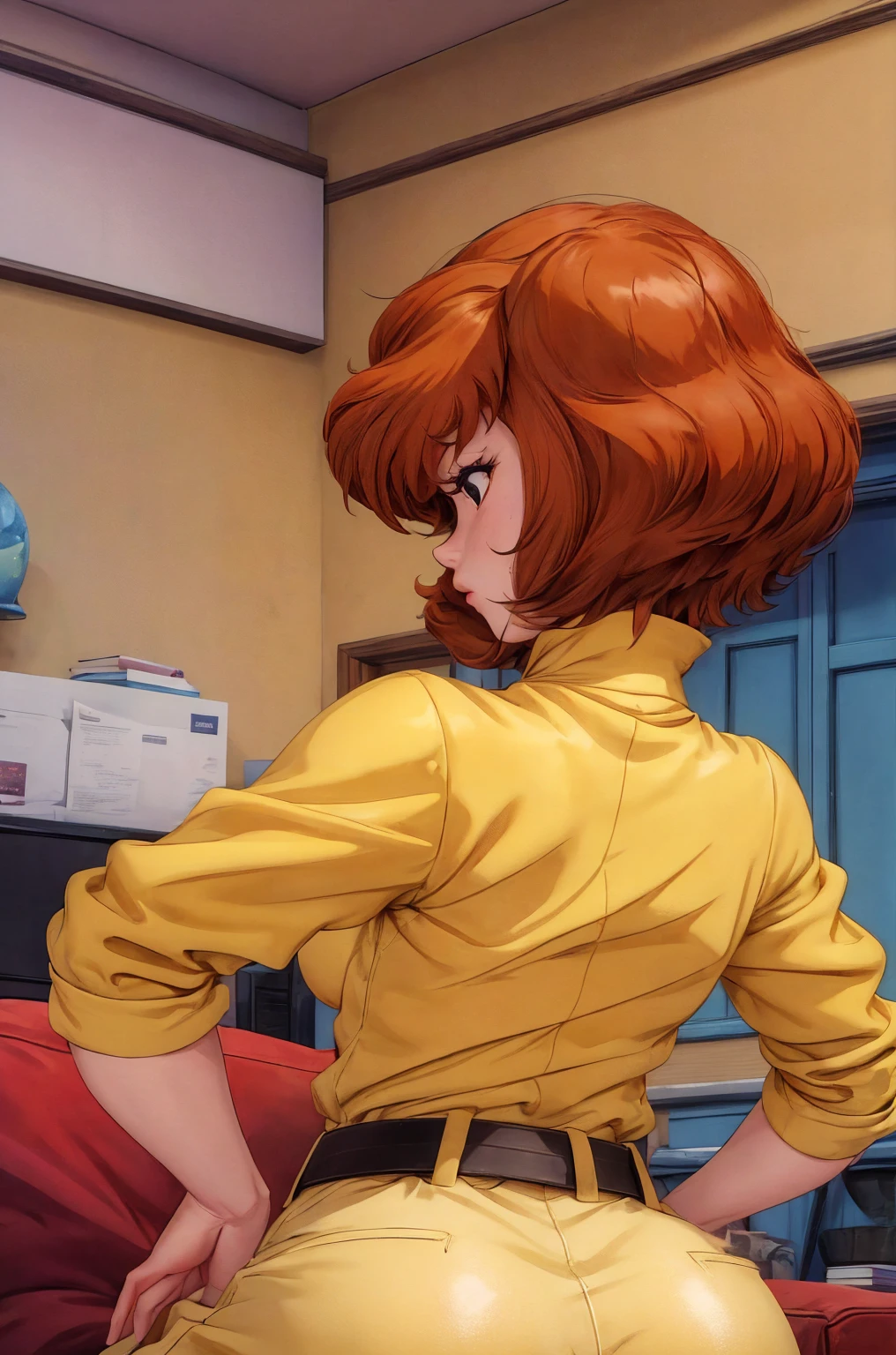 absurdres, april o'neil, 1girl, solo, short brown hair, black eyes, upper body, yellow jumpsuit, sleeves rolled up, white belt, high white boots, tight clothes, sitting on sofa, in her room, sad, shy, grabbed her breasts, cameltoe, nipples, ass, back view, ass focus, 
