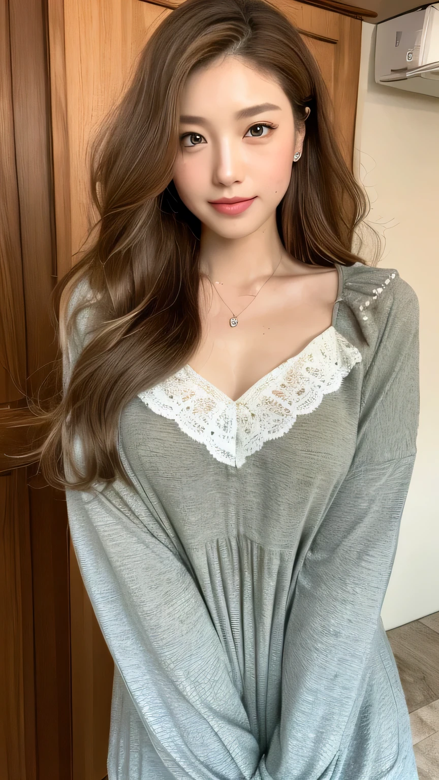 ((highest quality, 8k, masterpiece: 1.3)), 1 female, Japanese Mature,Sensual beauty: 1.3, (Hair style Brown hair Wavy hair, big: 1.2), Nightwear in muted colors: 1.1, Super slender face, Delicate eyes, Saggy eyes,double eyelid, A friendly smile,Dimples,Mole, Home,Plump body,very thick legs,Cowboy shot from above,
