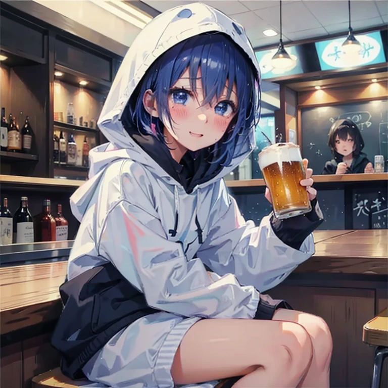 Children around this age、high school student、プライベートサーbar、Shibuya Ward、Wearing a hood、smile、Being drunk、Drinking alcohol、masterpiece,highest quality,One Girl,alone,close your eyes,Open your mouth,cry,shout,tears,(Drunk,blush),Sitting,drinking,((suit)),Holding a mug,Beer mug,counter,bar