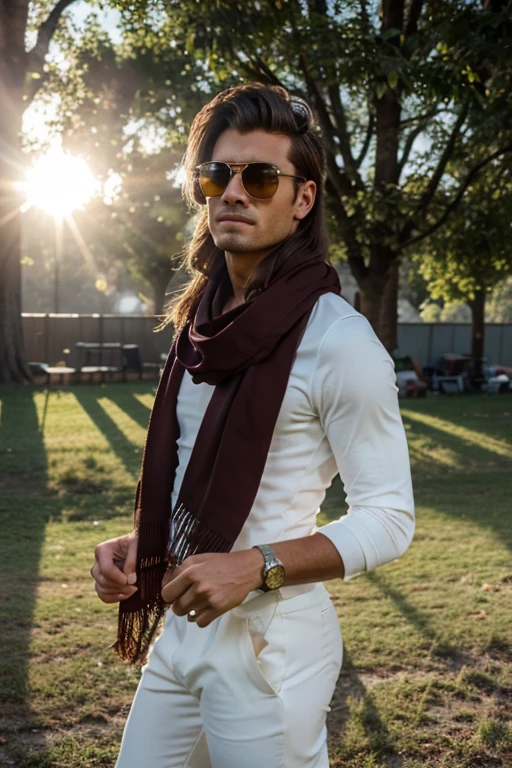 23 year old german dark haired sexy man named Emilio, while watching a soccer game, standing in a reporter cabin in a soccer stadium, summer, early morning, sun rays, dressed like a sports reporter, holding a microphone in his right hand, wearing a black red gold scarf and a white base cap, well preserved illfitting elegeant dark suit, golden sunglasses, sun through tree leaves, good mood time, tired but happy facial expression, morning mist over the towm, comfortable relaxed attitude