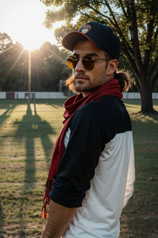 23 year old german dark haired sexy man named Emilio, while watching a soccer game, standing in a reporter cabin in a soccer stadium, summer, early morning, sun rays, dressed like a sports reporter, holding a microphone in his right hand, wearing a black red gold scarf and a white base cap, well preserved illfitting elegeant dark suit, golden sunglasses, sun through tree leaves, good mood time, tired but happy facial expression, morning mist over the towm, comfortable relaxed attitude