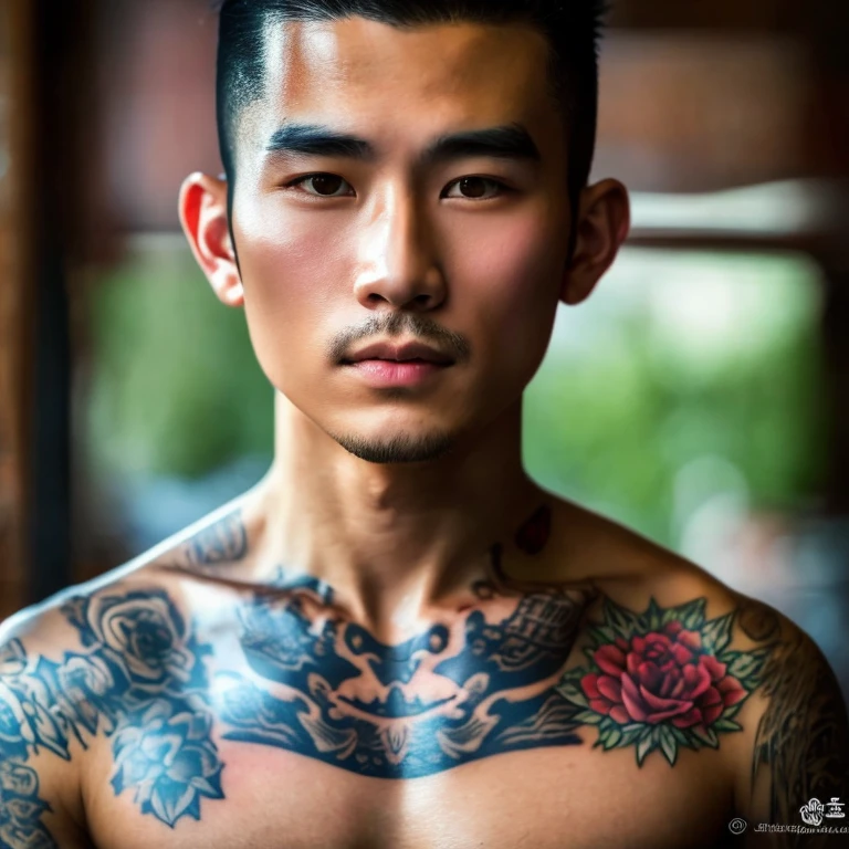 frontal photo Looking straight into the camera,8k quality,, Close-up photo of 25 year old Asian man, very handsome., Mohawk hair,) Wear a dark black t-shirt., Yakuza tattoos, Inside a luxurious coffee shop,  Taken with a high quality camera 45,000,000 pixels, realistic light colors, 