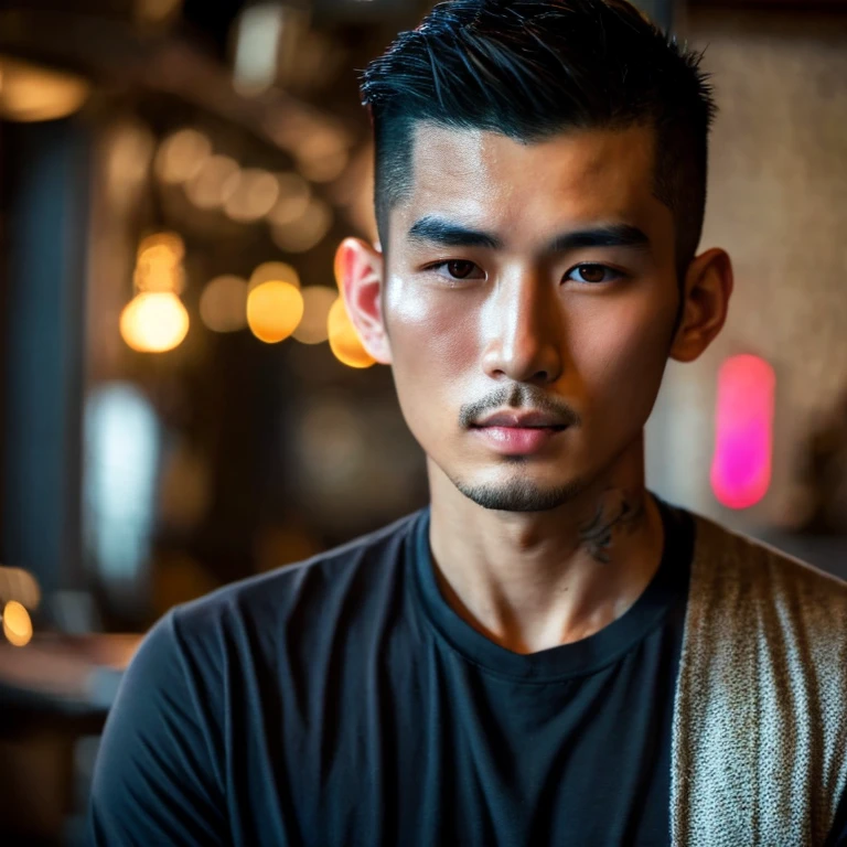 frontal photo Looking straight into the camera,8k quality,, Close-up photo of 25 year old Asian man, very handsome., Mohawk hair,) Wear a dark black t-shirt., Yakuza tattoos, Inside a luxurious coffee shop,  Taken with a high quality camera 45,000,000 pixels, realistic light colors, 