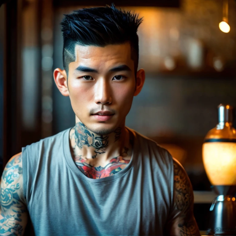 frontal photo Looking straight into the camera,8k quality,, Close-up photo of 25 year old Asian man, very handsome., Mohawk hair,) Wear a dark black t-shirt., Yakuza tattoos, Inside a luxurious coffee shop,  Taken with a high quality camera 45,000,000 pixels, realistic light colors, 