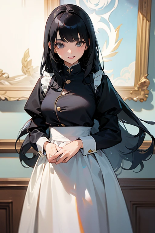 (Highest Resolution, clear_image) highest quality, Single person, One woman, alone, masterpiece, Very detailed, Semi-realistic, Black Hairのショートヘア, Black Hair, bangs, 18-year-old, mature, light blue uniform, uniform, Indoor Background, kind, Authoritative, Powerful, exquisite features, exquisite features、Eyelashes become longer、Showing teeth、smile😀、Maid clothes、woman&#39;Fingers in the、Sleeping on the couch、