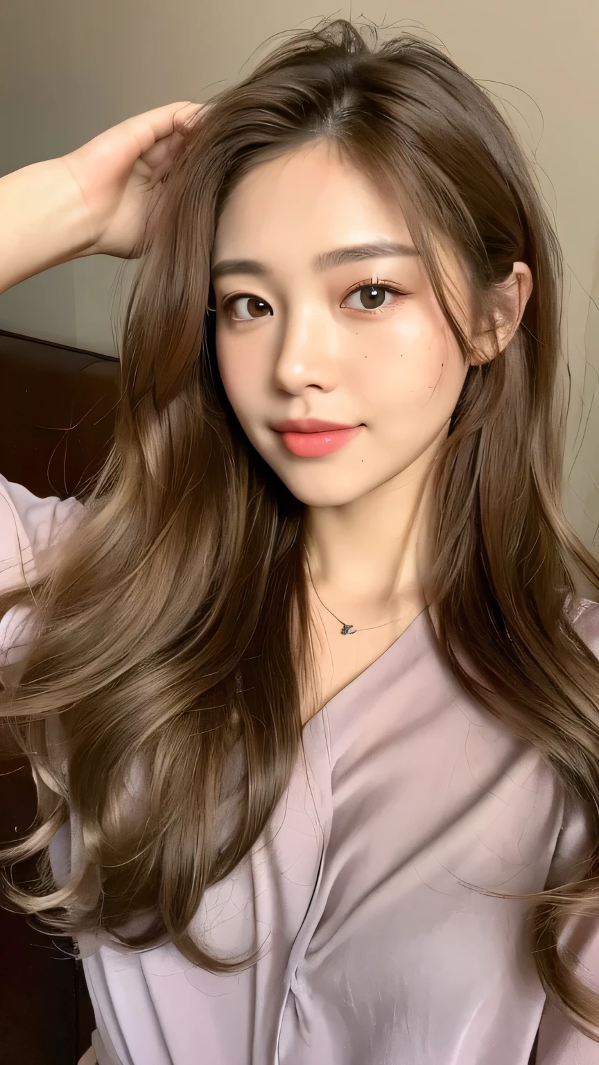 ((highest quality, 8k, masterpiece: 1.3)), 1 female, Japanese Mature,Sensual beauty: 1.3, (Hair style Brown hair Wavy hair, big: 1.2), Nightwear in muted colors: 1.1, Super slender face, Delicate eyes, Saggy eyes,double eyelid, A friendly smile,Dimples,Mole, Home,Plump body,very thick legs,Cowboy shot from above,