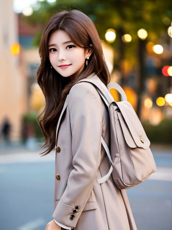masterpiece, highest quality, High resolution,alone,Brown Hair, Very small earrings,artistic,Best lighting,casual,Flat Chest,Beautiful Face,expensive,smile,light makeup,nature,Age 23,Calm woman,Hair blowing in the wind,Blurred Background,Face Focus,Detailed Hair,Laughing woman,amount,Wavy Hair,night,outside,office Street,Woman wearing a jacket,Woman posing,Woman carrying a knapsack