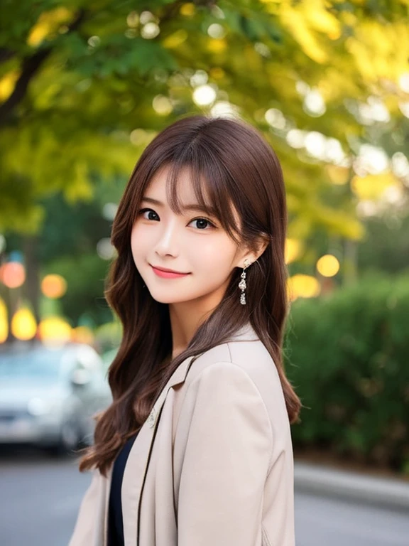 masterpiece, highest quality, High resolution,alone,Brown Hair, Very small earrings,artistic,Best lighting,casual,Flat Chest,Beautiful Face,expensive,smile,light makeup,nature,Age 23,Calm woman,Hair blowing in the wind,Blurred Background,Face Focus,Detailed Hair,Laughing woman,amount,Wavy Hair,night,outside,office Street,Woman wearing a jacket,Woman posing,Woman carrying a knapsack