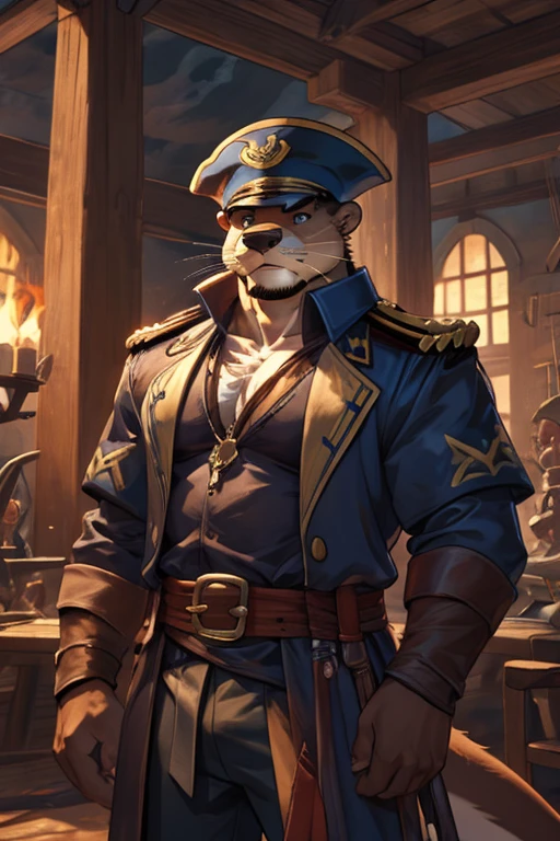 male otter pirate captain looking heroic. half undone shirt shows off chest. carries harpoon