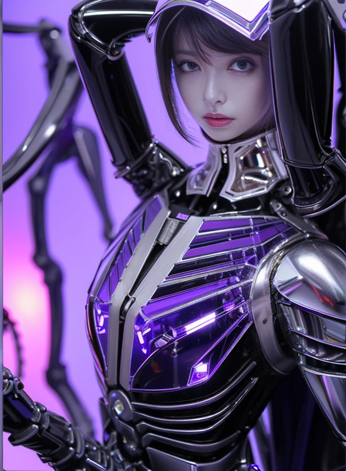 highest quality、masterpiece、超A high resolution、(Photorealistic:1.4)、RAW Photos、1 girl、Black Hair、((Mechanical skeleton with no skin from the neck down:1.4))、(((Transparent latex in the shape of an attractive woman covers the body of the machine:1.4)))、((Large transparent resin nipple:1.4))、((Ultra-Realistic Details))、Portrait、Global Illumination、Shadow、Octane Rendering、8K quality、Super sharp、((All machine metal is mirror silver plated.:1.4))、Intricately decorated mechanical skeleton detail、Blood vessels in a tube、Very intricate details、Realistic Light、CGSoation Trend、Purple eyes、Shining eyes staring at the camera、Neon Details、Mechanical Limbechanical vertebrae、Neck of the machine、Sit on、Wires and cables connected to the head、Gundam、Small LED Lamp、(Purple lighting from behind:1.2)、(Cinematic), Battle Scenes
