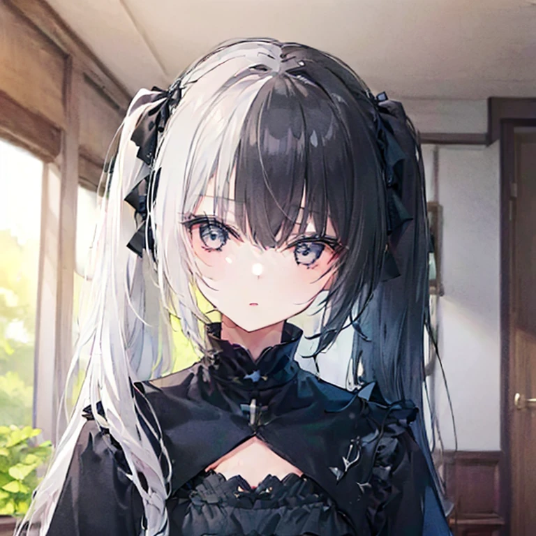 highest quality、highest quality、8k、Ultra-high resolution、highest quality、Very detailed、Perfect Face、Very detailed、Very delicate、1 boy, ((alone))、,Anime Style、church、Twin tails、(One Girl)、Two-tone hair, Black and White,Black and White、2 Tone,(HLFCOL hair girl with black and white hair),(1 girl:1.9),left_right,Night Dark Night