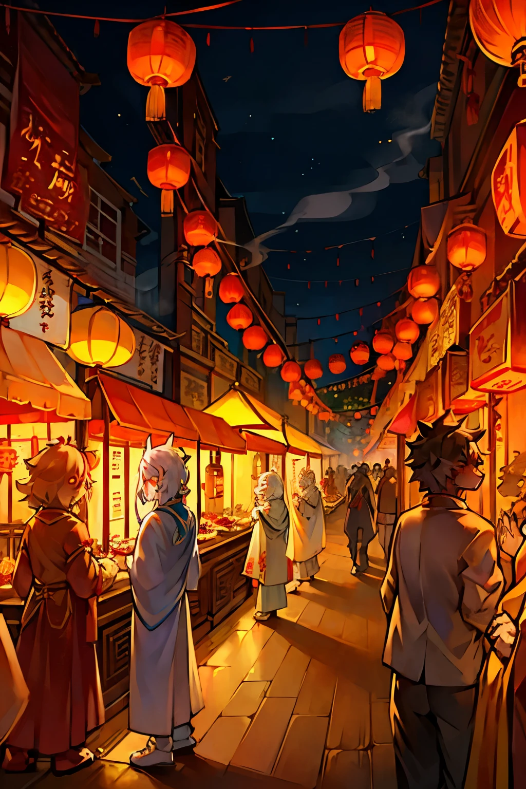 Spectral Ghost Festival -- s2
Ghostly apparitions, -- Extreme mystery and sadness, Pale and translucent figures,((Depiction of the afterlife))
Hungry spirits, -- ((Yang & Yin))
Lanterns in the sky, -- Deep orange and red hues, (((Holy lamps))),
Street parade, -- (((Busy market atmosphere)))
Costumes, -- ((Traditional attire, Ghost masks))
Red lanterns, -- (((Chinese character for luck))),
Offerings, -- (((Food and incense))),
Intense emotional