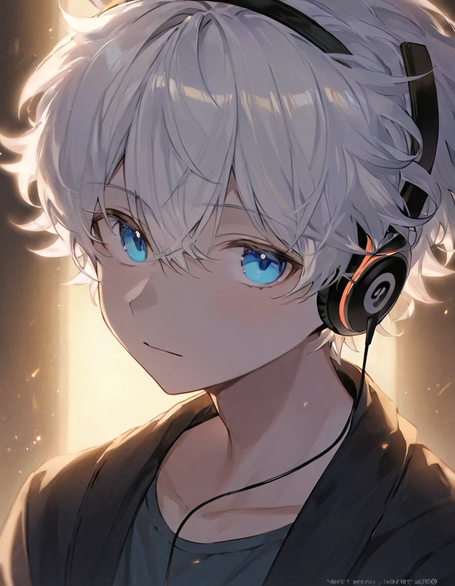 juvenile,boy,White Hair,Short Hair,Short Hair,headphone,headphoneをしている,Light blue eyes,Curly hair,simple,Character portrait,