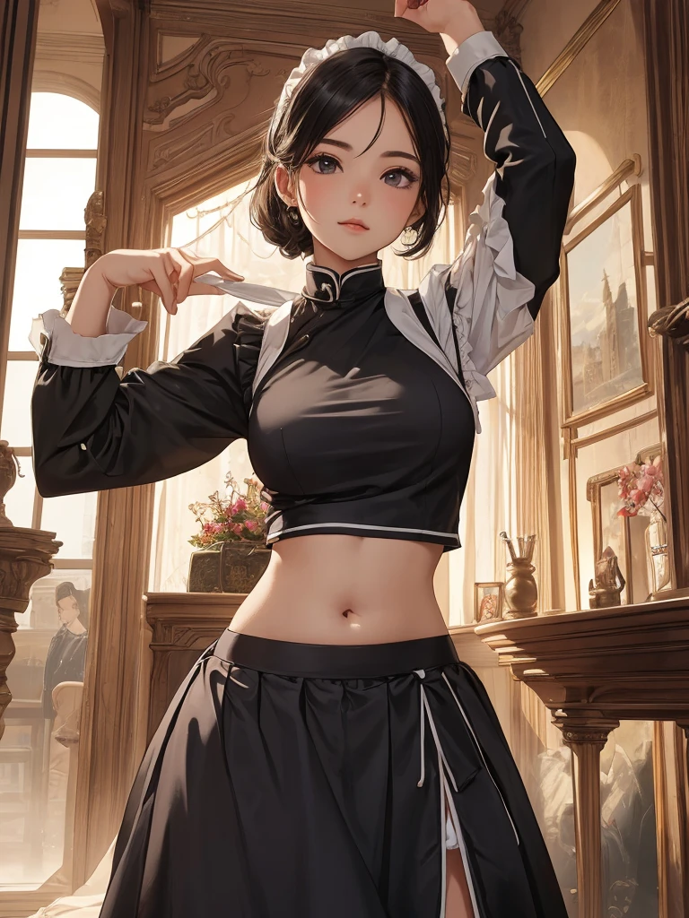 Woman in crop top maid uniform, showing navel, skirt, Mansion, beautiful belly, belly