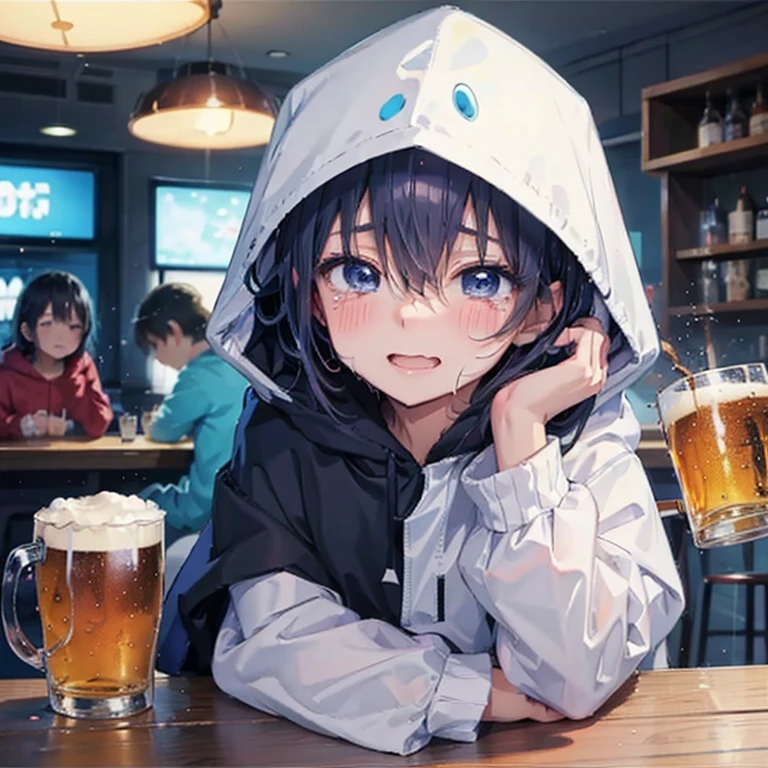 Children around this age、プライベートサーbar、Shibuya Ward、Wearing a hood、smile、Being drunk、Drinking alcohol、masterpiece,highest quality,One Girl,alone,close your eyes,Open your mouth,cry,shout,tears,(Drunk,blush),Sitting,drinking,((suit)),Holding a mug,Beer mug,counter,bar