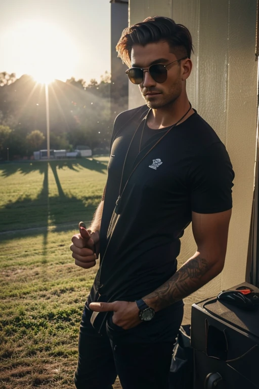 23 year old german short dark haired sexy man named Emilio, while watching a soccer game, (standing in a reporter cabin), (in a soccer stadium), summer, early morning, sun rays, dressed like a sports reporter, (holding a microphone in his right hand), (wearing headphones), wearing a base cap, well preserved illfitting elegeant dark suit, golden sunglasses, sun through tree leaves, good mood time, tired but happy facial expression, morning mist over the towm, comfortable relaxed attitude