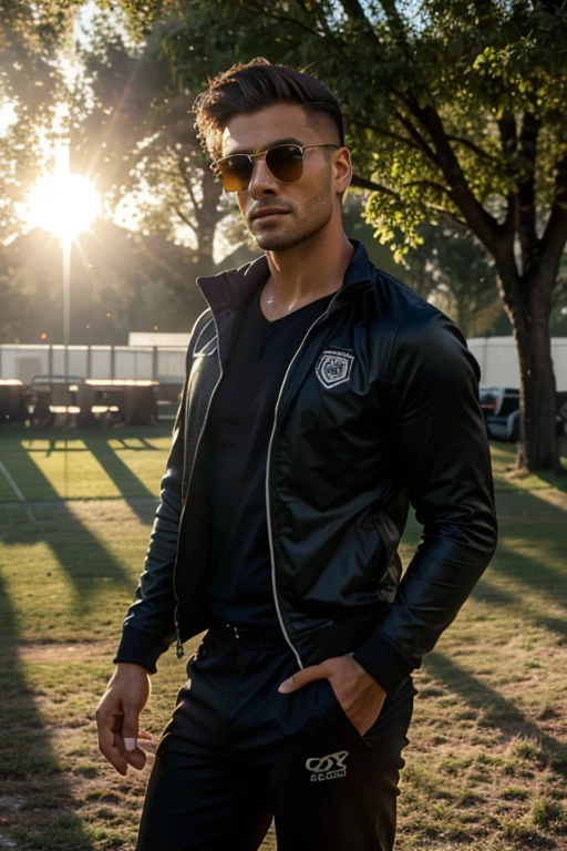 23 year old german short dark haired sexy man named Emilio, while watching a soccer game, (standing in a reporter cabin), (in a soccer stadium), summer, early morning, sun rays, dressed like a sports reporter, (holding a microphone in his right hand), (wearing headphones), wearing a base cap, well preserved illfitting elegeant dark suit, golden sunglasses, sun through tree leaves, good mood time, tired but happy facial expression, morning mist over the towm, comfortable relaxed attitude