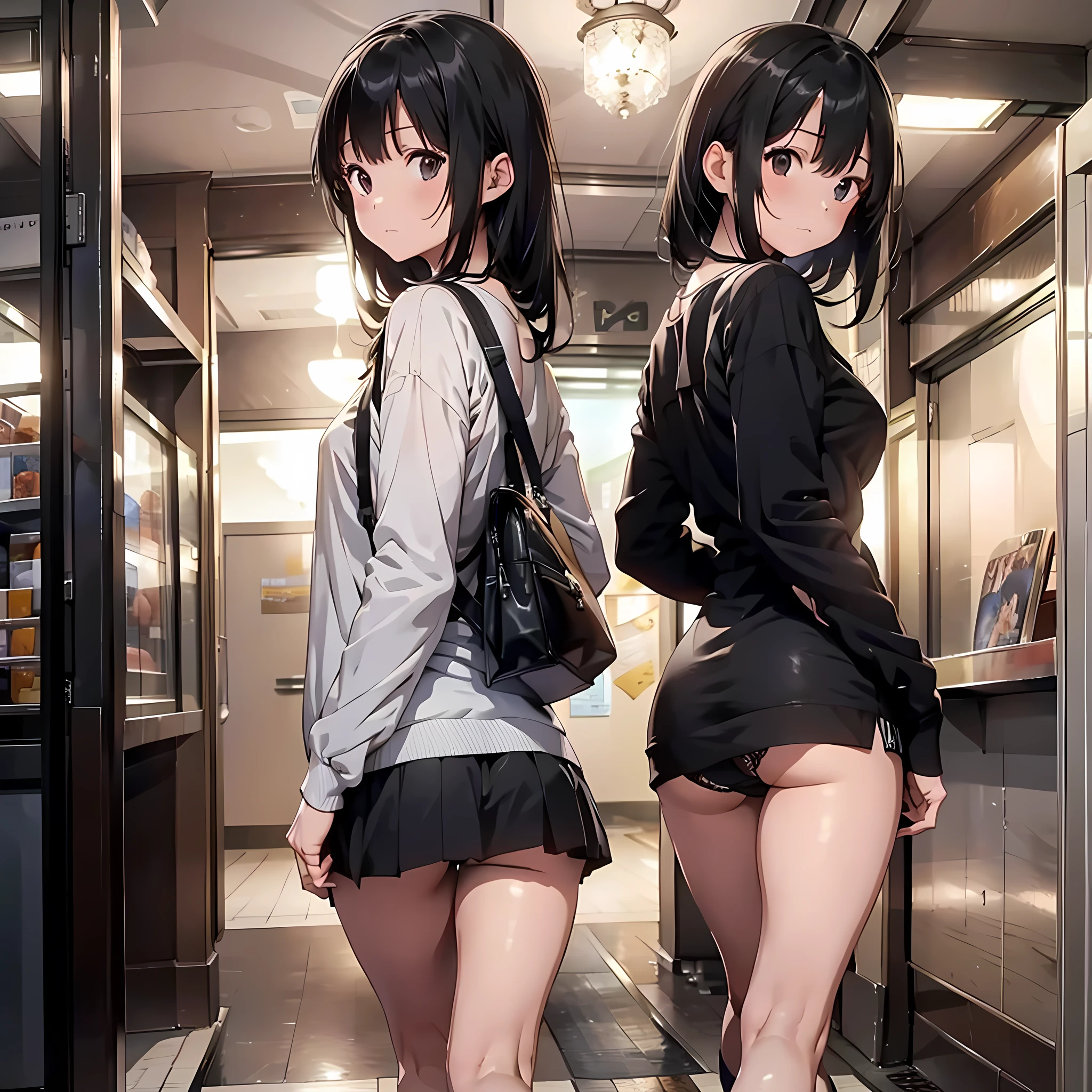 1girl, from behind, from below, black hair, looking away, race, panties, walking, long sleeves, bag, masterpiece, best quality, ultra quality, high quality, realistic, photo realistic, RAW photo, hyper detailed, intricate detailed, train staion, multiple boys, indoors, ceiling light, reflective floor, tile floor,