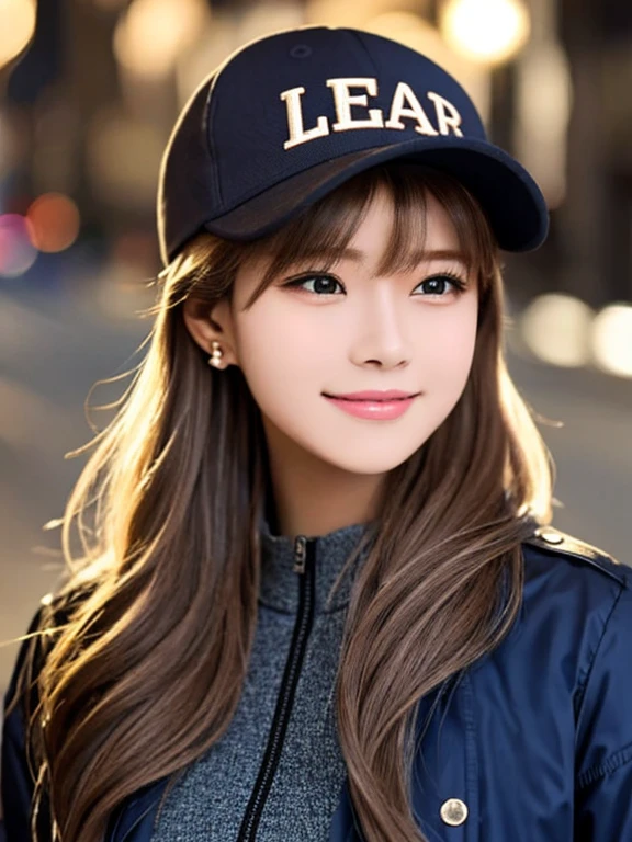 masterpiece, highest quality, High resolution,alone,Brown Hair, Very small earrings,artistic,Best lighting,casual,Flat Chest,Beautiful Face,expensive,smile,light makeup,nature,Age 23,Calm woman,Hair blowing in the wind,Blurred Background,Face Focus,Detailed Hair,Laughing woman,amount,Wavy Hair,night,outside,office Street,Woman wearing a jacket,Woman posing,Woman in cap,hip hop