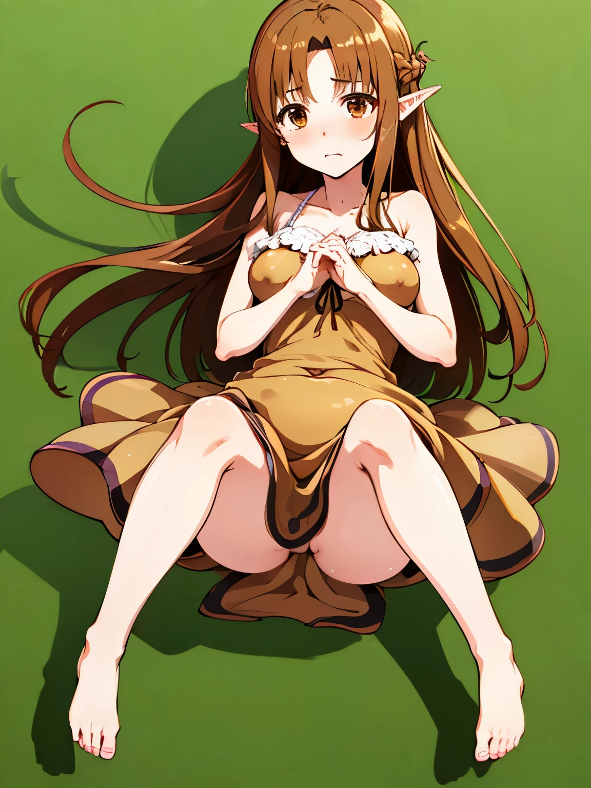 NSFW,Yuuki Asuna、Long Hair、Brown Hair、(Brown eyes:1.8),(High-quality silk dress:1.5),belly button、Bare shoulders、barefoot、Pointy Ears、abdomen、Elf、Long legs,Big Breasts,Cleavage,clavicle,(Perfect hands),(Perfect Anatomy),(masterpiece),(highest quality),Embarrassed,blush