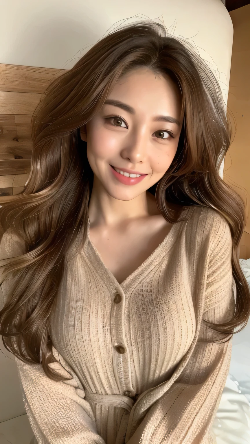 ((highest quality, 8k, masterpiece: 1.3)), 1 female, Japanese Mature,Sensual beauty: 1.3, (Hair style Brown hair Wavy hair, big: 1.2), Nightwear in muted colors: 1.1, Super slender face, Delicate eyes, Saggy eyes,double eyelid, A friendly smile,Dimples,Mole,Bedroom,Plump body,very thick legs,Cowboy shot from above,