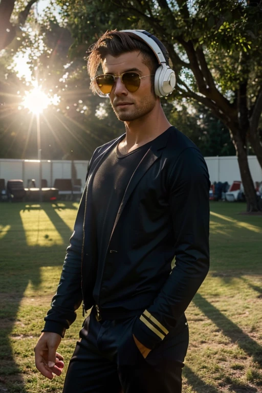 (portrait), 23 year old german short dark haired sexy man named Emilio, while watching a soccer game, (standing in a reporter cabin), (in a soccer stadium), summer, early morning, sun rays, dressed like a sports reporter, (holding a microphone in his right hand), (wearing headphones), wearing a base cap, well preserved illfitting elegeant dark suit, golden sunglasses, sun through tree leaves, good mood time, tired but happy facial expression, morning mist over the towm, comfortable relaxed attitude