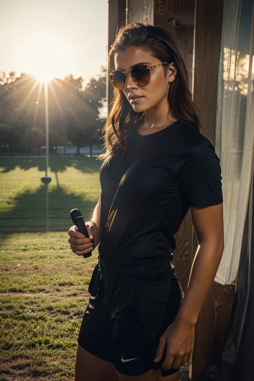 (portrait), 23 year old german short dark haired sexy man named Emilio, while watching a soccer game, (standing in a reporter cabin), (in a soccer stadium), summer, early morning, sun rays, dressed like a sports reporter, (holding a microphone in his right hand), (wearing headphones), wearing a base cap, well preserved illfitting elegeant dark suit, golden sunglasses, sun through tree leaves, good mood time, tired but happy facial expression, morning mist over the towm, comfortable relaxed attitude